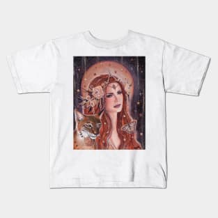 Freya goddess with lynx by Renee Lavoie Kids T-Shirt